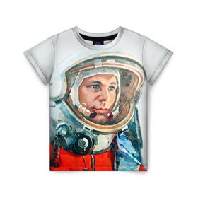 Детская футболка 3D с принтом Гагарин в Тюмени, 100% гипоаллергенный полиэфир | прямой крой, круглый вырез горловины, длина до линии бедер, чуть спущенное плечо, ткань немного тянется | Тематика изображения на принте: space | гагарин | космос | россия