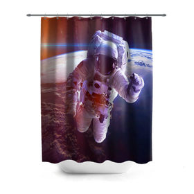 Штора 3D для ванной с принтом Космонавт в Тюмени, 100% полиэстер | плотность материала — 100 г/м2. Стандартный размер — 146 см х 180 см. По верхнему краю — пластиковые люверсы для креплений. В комплекте 10 пластиковых колец | галактика | звезды | земля | космонавт | космос