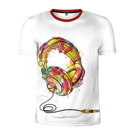 Мужская футболка 3D спортивная с принтом Красочные наушники в Тюмени, 100% полиэстер с улучшенными характеристиками | приталенный силуэт, круглая горловина, широкие плечи, сужается к линии бедра | dj | музыка | наушники