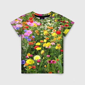 Детская футболка 3D с принтом Полевые цветы 1 в Тюмени, 100% гипоаллергенный полиэфир | прямой крой, круглый вырез горловины, длина до линии бедер, чуть спущенное плечо, ткань немного тянется | Тематика изображения на принте: поле | полевые цветы | цветы