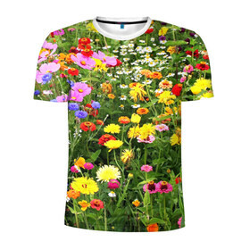 Мужская футболка 3D спортивная с принтом Полевые цветы 1 в Тюмени, 100% полиэстер с улучшенными характеристиками | приталенный силуэт, круглая горловина, широкие плечи, сужается к линии бедра | поле | полевые цветы | цветы