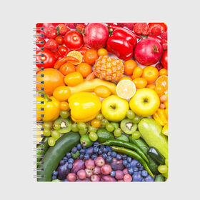 Тетрадь с принтом Плоды в Тюмени, 100% бумага | 48 листов, плотность листов — 60 г/м2, плотность картонной обложки — 250 г/м2. Листы скреплены сбоку удобной пружинной спиралью. Уголки страниц и обложки скругленные. Цвет линий — светло-серый
 | Тематика изображения на принте: овощи | фрукты | ягоды