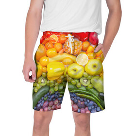 Мужские шорты 3D с принтом Плоды в Тюмени,  полиэстер 100% | прямой крой, два кармана без застежек по бокам. Мягкая трикотажная резинка на поясе, внутри которой широкие завязки. Длина чуть выше колен | Тематика изображения на принте: овощи | фрукты | ягоды