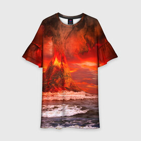 Детское платье 3D с принтом Вулкан в Тюмени, 100% полиэстер | прямой силуэт, чуть расширенный к низу. Круглая горловина, на рукавах — воланы | Тематика изображения на принте: взрыв | вулкан | извержение | красная | лава | море