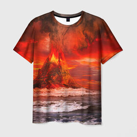 Мужская футболка 3D с принтом Вулкан в Тюмени, 100% полиэфир | прямой крой, круглый вырез горловины, длина до линии бедер | Тематика изображения на принте: взрыв | вулкан | извержение | красная | лава | море