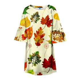 Детское платье 3D с принтом Осень в Тюмени, 100% полиэстер | прямой силуэт, чуть расширенный к низу. Круглая горловина, на рукавах — воланы | листва | листья | осень | оформление | пёстрые листочки | слой | текстура | трайбл | узор | фон