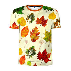 Мужская футболка 3D спортивная с принтом Осень в Тюмени, 100% полиэстер с улучшенными характеристиками | приталенный силуэт, круглая горловина, широкие плечи, сужается к линии бедра | листва | листья | осень | оформление | пёстрые листочки | слой | текстура | трайбл | узор | фон