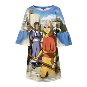 Детское платье 3D с принтом Легенда об Аанге в Тюмени, 100% полиэстер | прямой силуэт, чуть расширенный к низу. Круглая горловина, на рукавах — воланы | aang | avatar | аанг | аватар | анг | легенда об аанге | повелитель стихий