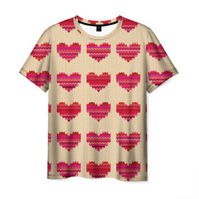 Мужская футболка 3D с принтом Шерстяные сердечки в Тюмени, 100% полиэфир | прямой крой, круглый вырез горловины, длина до линии бедер | вязание | вязаный | паттерн | текстура | узор