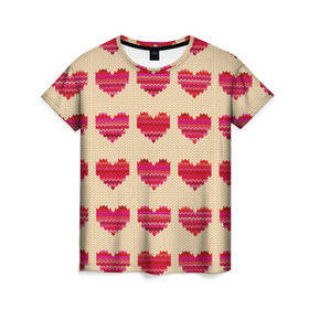 Женская футболка 3D с принтом Шерстяные сердечки в Тюмени, 100% полиэфир ( синтетическое хлопкоподобное полотно) | прямой крой, круглый вырез горловины, длина до линии бедер | вязание | вязаный | паттерн | текстура | узор