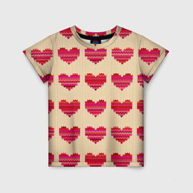 Детская футболка 3D с принтом Шерстяные сердечки в Тюмени, 100% гипоаллергенный полиэфир | прямой крой, круглый вырез горловины, длина до линии бедер, чуть спущенное плечо, ткань немного тянется | вязание | вязаный | паттерн | текстура | узор