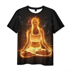 Мужская футболка 3D с принтом Пламенная медитация в Тюмени, 100% полиэфир | прямой крой, круглый вырез горловины, длина до линии бедер | Тематика изображения на принте: аштанга | здоровье | зож | йога | кундалини | лотос | медитация | огонь | пламя | силуэт | спорт | страсть | тонус