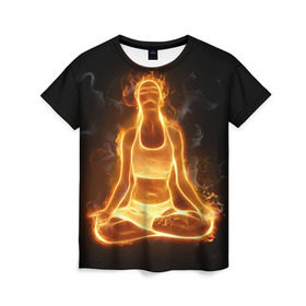 Женская футболка 3D с принтом Пламенная медитация в Тюмени, 100% полиэфир ( синтетическое хлопкоподобное полотно) | прямой крой, круглый вырез горловины, длина до линии бедер | аштанга | здоровье | зож | йога | кундалини | лотос | медитация | огонь | пламя | силуэт | спорт | страсть | тонус