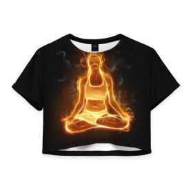 Женская футболка 3D укороченная с принтом Пламенная медитация в Тюмени, 100% полиэстер | круглая горловина, длина футболки до линии талии, рукава с отворотами | аштанга | здоровье | зож | йога | кундалини | лотос | медитация | огонь | пламя | силуэт | спорт | страсть | тонус