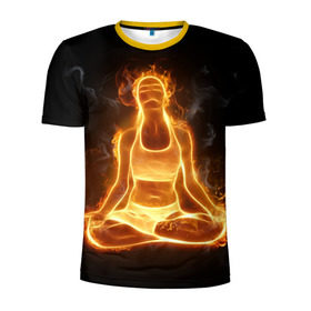 Мужская футболка 3D спортивная с принтом Пламенная медитация в Тюмени, 100% полиэстер с улучшенными характеристиками | приталенный силуэт, круглая горловина, широкие плечи, сужается к линии бедра | аштанга | здоровье | зож | йога | кундалини | лотос | медитация | огонь | пламя | силуэт | спорт | страсть | тонус