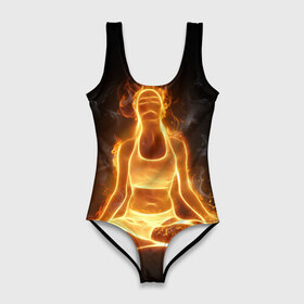 Купальник-боди 3D с принтом Пламенная медитация в Тюмени, 82% полиэстер, 18% эластан | Круглая горловина, круглый вырез на спине | аштанга | здоровье | зож | йога | кундалини | лотос | медитация | огонь | пламя | силуэт | спорт | страсть | тонус