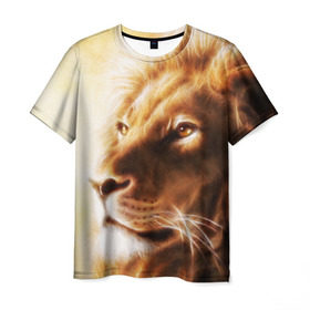 Мужская футболка 3D с принтом Лев в Тюмени, 100% полиэфир | прямой крой, круглый вырез горловины, длина до линии бедер | власть | джунгли | кошка | лев | мощь | отвага | сила | хищник | храбрость | царь зверей