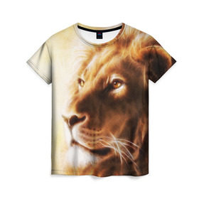 Женская футболка 3D с принтом Лев в Тюмени, 100% полиэфир ( синтетическое хлопкоподобное полотно) | прямой крой, круглый вырез горловины, длина до линии бедер | власть | джунгли | кошка | лев | мощь | отвага | сила | хищник | храбрость | царь зверей