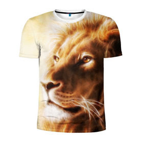 Мужская футболка 3D спортивная с принтом Лев в Тюмени, 100% полиэстер с улучшенными характеристиками | приталенный силуэт, круглая горловина, широкие плечи, сужается к линии бедра | власть | джунгли | кошка | лев | мощь | отвага | сила | хищник | храбрость | царь зверей