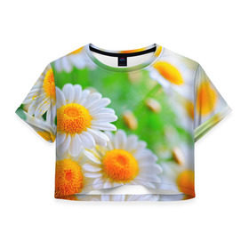 Женская футболка 3D укороченная с принтом Ромашки в Тюмени, 100% полиэстер | круглая горловина, длина футболки до линии талии, рукава с отворотами | фото | цветы