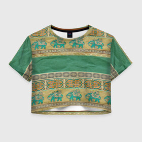 Женская футболка 3D укороченная с принтом Орнамент в Тюмени, 100% полиэстер | круглая горловина, длина футболки до линии талии, рукава с отворотами | индия | орнамент | слон | узон