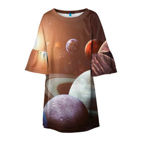 Детское платье 3D с принтом Планеты солнечной системы в Тюмени, 100% полиэстер | прямой силуэт, чуть расширенный к низу. Круглая горловина, на рукавах — воланы | Тематика изображения на принте: венера | звезды | земля | космос | марс | меркурий | сатурн | солнце | уран | юпитер