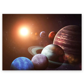 Поздравительная открытка с принтом Планеты солнечной системы в Тюмени, 100% бумага | плотность бумаги 280 г/м2, матовая, на обратной стороне линовка и место для марки
 | Тематика изображения на принте: венера | звезды | земля | космос | марс | меркурий | сатурн | солнце | уран | юпитер