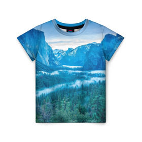 Детская футболка 3D с принтом Горный пейзаж в Тюмени, 100% гипоаллергенный полиэфир | прямой крой, круглый вырез горловины, длина до линии бедер, чуть спущенное плечо, ткань немного тянется | горный хребет | горы | каньон | лес | пейзаж | речка | туман | ущелье