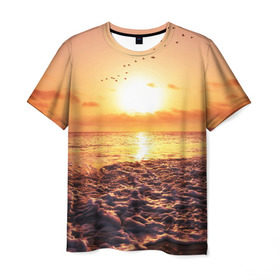 Мужская футболка 3D с принтом Закат в Тюмени, 100% полиэфир | прямой крой, круглый вырез горловины, длина до линии бедер | sunset | жара | закат | зной | косяк | лето | море | облака | океан | отдых | пена | песок | пляж | прибой | прилив | рассвет | солнце | стая птиц
