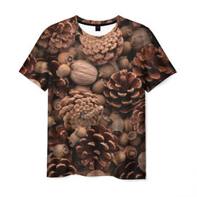 Мужская футболка 3D с принтом Шишки и орешки в Тюмени, 100% полиэфир | прямой крой, круглый вырез горловины, длина до линии бедер | дуб | ёлка | ель | жёлудь | иголки | кедр | лес | орех | орешки | осень | сосна | шишки