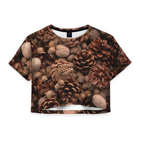 Женская футболка 3D укороченная с принтом Шишки и орешки в Тюмени, 100% полиэстер | круглая горловина, длина футболки до линии талии, рукава с отворотами | дуб | ёлка | ель | жёлудь | иголки | кедр | лес | орех | орешки | осень | сосна | шишки