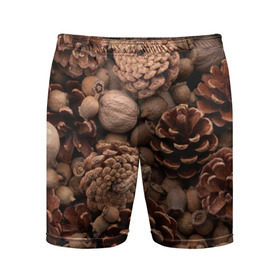 Мужские шорты 3D спортивные с принтом Шишки и орешки в Тюмени,  |  | дуб | ёлка | ель | жёлудь | иголки | кедр | лес | орех | орешки | осень | сосна | шишки