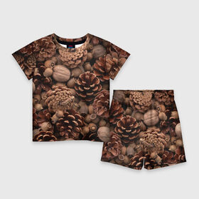 Детский костюм с шортами 3D с принтом Шишки и орешки в Тюмени,  |  | дуб | ёлка | ель | жёлудь | иголки | кедр | лес | орех | орешки | осень | сосна | шишки