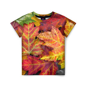 Детская футболка 3D с принтом Осенняя пора в Тюмени, 100% гипоаллергенный полиэфир | прямой крой, круглый вырез горловины, длина до линии бедер, чуть спущенное плечо, ткань немного тянется | жёлтый | красный | листва | листья | осень