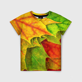 Детская футболка 3D с принтом Осенний наряд в Тюмени, 100% гипоаллергенный полиэфир | прямой крой, круглый вырез горловины, длина до линии бедер, чуть спущенное плечо, ткань немного тянется | Тематика изображения на принте: жёлтый | зелёный | красный | листва | листья | оранжевый