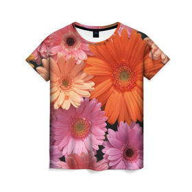 Женская футболка 3D с принтом Цветы в Тюмени, 100% полиэфир ( синтетическое хлопкоподобное полотно) | прямой крой, круглый вырез горловины, длина до линии бедер | букет | георгины | жёлтый | красота | полевые | розовый | ромашки | фиолетовый | хризантемы | цветы