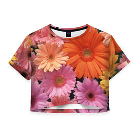 Женская футболка 3D укороченная с принтом Цветы в Тюмени, 100% полиэстер | круглая горловина, длина футболки до линии талии, рукава с отворотами | букет | георгины | жёлтый | красота | полевые | розовый | ромашки | фиолетовый | хризантемы | цветы