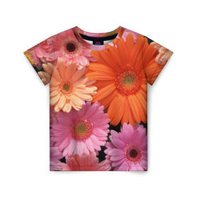 Детская футболка 3D с принтом Цветы в Тюмени, 100% гипоаллергенный полиэфир | прямой крой, круглый вырез горловины, длина до линии бедер, чуть спущенное плечо, ткань немного тянется | Тематика изображения на принте: букет | георгины | жёлтый | красота | полевые | розовый | ромашки | фиолетовый | хризантемы | цветы