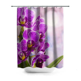 Штора 3D для ванной с принтом Божественная орхидея в Тюмени, 100% полиэстер | плотность материала — 100 г/м2. Стандартный размер — 146 см х 180 см. По верхнему краю — пластиковые люверсы для креплений. В комплекте 10 пластиковых колец | 8 марта | букет | весна | красота | куст | лето | орхидея | подарок | сиреневый цвет | цветок | шикарный цветочек
