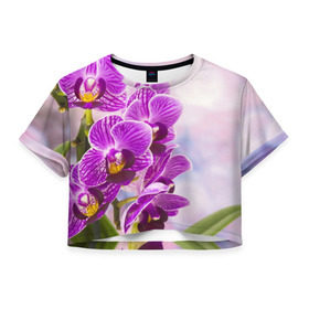 Женская футболка 3D укороченная с принтом Божественная орхидея в Тюмени, 100% полиэстер | круглая горловина, длина футболки до линии талии, рукава с отворотами | 8 марта | букет | весна | красота | куст | лето | орхидея | подарок | сиреневый цвет | цветок | шикарный цветочек