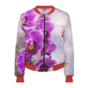 Женский бомбер 3D с принтом Божественная орхидея в Тюмени, 100% полиэстер | застегивается на молнию, по бокам два кармана без застежек, мягкие манжеты, по низу бомбера и на воротнике — эластичная резинка | 8 марта | букет | весна | красота | куст | лето | орхидея | подарок | сиреневый цвет | цветок | шикарный цветочек