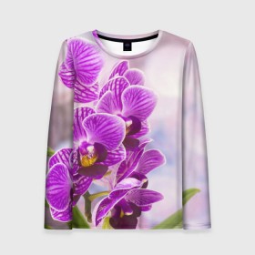 Женский лонгслив 3D с принтом Божественная орхидея в Тюмени, 100% полиэстер | длинные рукава, круглый вырез горловины, полуприлегающий силуэт | 8 марта | букет | весна | красота | куст | лето | орхидея | подарок | сиреневый цвет | цветок | шикарный цветочек