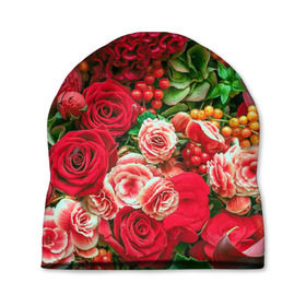 Шапка 3D с принтом Роскошный букет в Тюмени, 100% полиэстер | универсальный размер, печать по всей поверхности изделия | 8 марта | блеск | гвоздики | красный | красота | невероятный | огромный букет | пёстрый | праздник | розы | роскошный | цветы | шикарный
