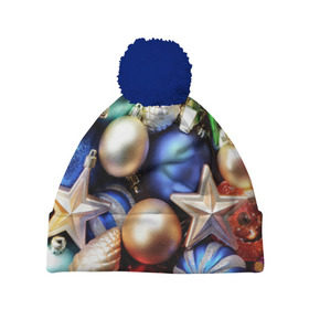 Шапка 3D c помпоном с принтом Игрушки на ёлку в Тюмени, 100% полиэстер | универсальный размер, печать по всей поверхности изделия | новогодний | рождество | шарики