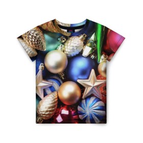 Детская футболка 3D с принтом Игрушки на ёлку в Тюмени, 100% гипоаллергенный полиэфир | прямой крой, круглый вырез горловины, длина до линии бедер, чуть спущенное плечо, ткань немного тянется | новогодний | рождество | шарики