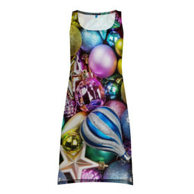 Платье-майка 3D с принтом Новый год в Тюмени, 100% полиэстер | полуприлегающий силуэт, широкие бретели, круглый вырез горловины, удлиненный подол сзади. | елочные | игрушки | новогодний | разноцветный | рождество | украшения