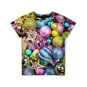 Детская футболка 3D с принтом Новый год в Тюмени, 100% гипоаллергенный полиэфир | прямой крой, круглый вырез горловины, длина до линии бедер, чуть спущенное плечо, ткань немного тянется | Тематика изображения на принте: елочные | игрушки | новогодний | разноцветный | рождество | украшения