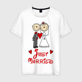 Мужская футболка хлопок с принтом Just married в Тюмени, 100% хлопок | прямой крой, круглый вырез горловины, длина до линии бедер, слегка спущенное плечо. | Тематика изображения на принте: just married | женат | замужем | молодожены | свадьба