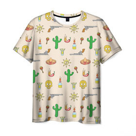 Мужская футболка 3D с принтом Мексиканский коллаж в Тюмени, 100% полиэфир | прямой крой, круглый вырез горловины, длина до линии бедер | кактус | коллад | мексика | револьвер | черепа | чили