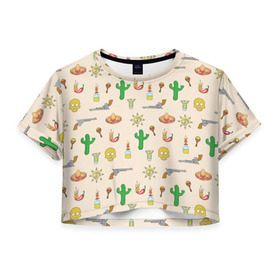 Женская футболка 3D укороченная с принтом Мексиканский коллаж в Тюмени, 100% полиэстер | круглая горловина, длина футболки до линии талии, рукава с отворотами | кактус | коллад | мексика | револьвер | черепа | чили